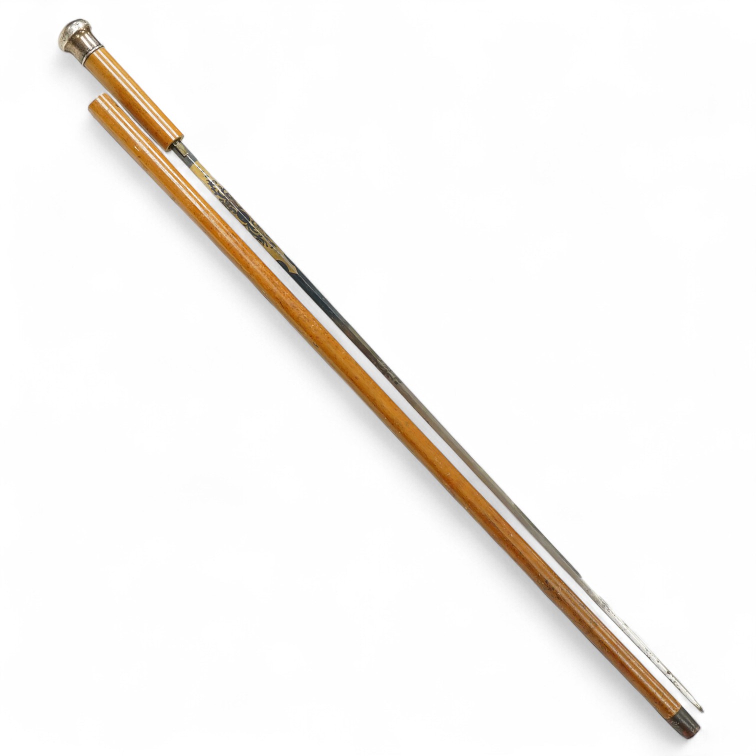 A Victorian silver mounted sword stick, with damascene blade, 90cm in length